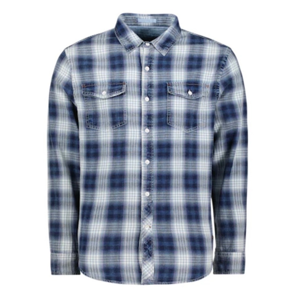 True Grit Plaid Button Down Shirt Mens Medium‎ Indigo Blue Long Sleeve